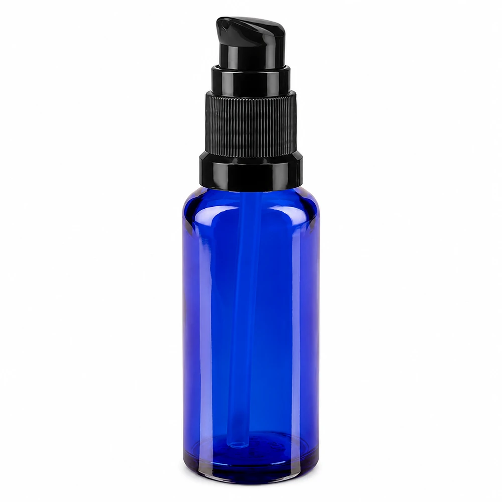 Lékárenská láhev modrá 30ml pumpovací uzávěr černý standardní Kleine blaue Glasflasche 30ml mit Pumpdosierer für flüssige Produkte