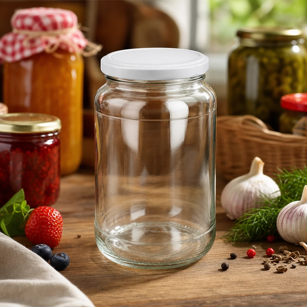 1700ml Rundglas leer mit weißem BasicSeal Deckel in Küche zwischen Marmeladengläsern und frischen Zutaten