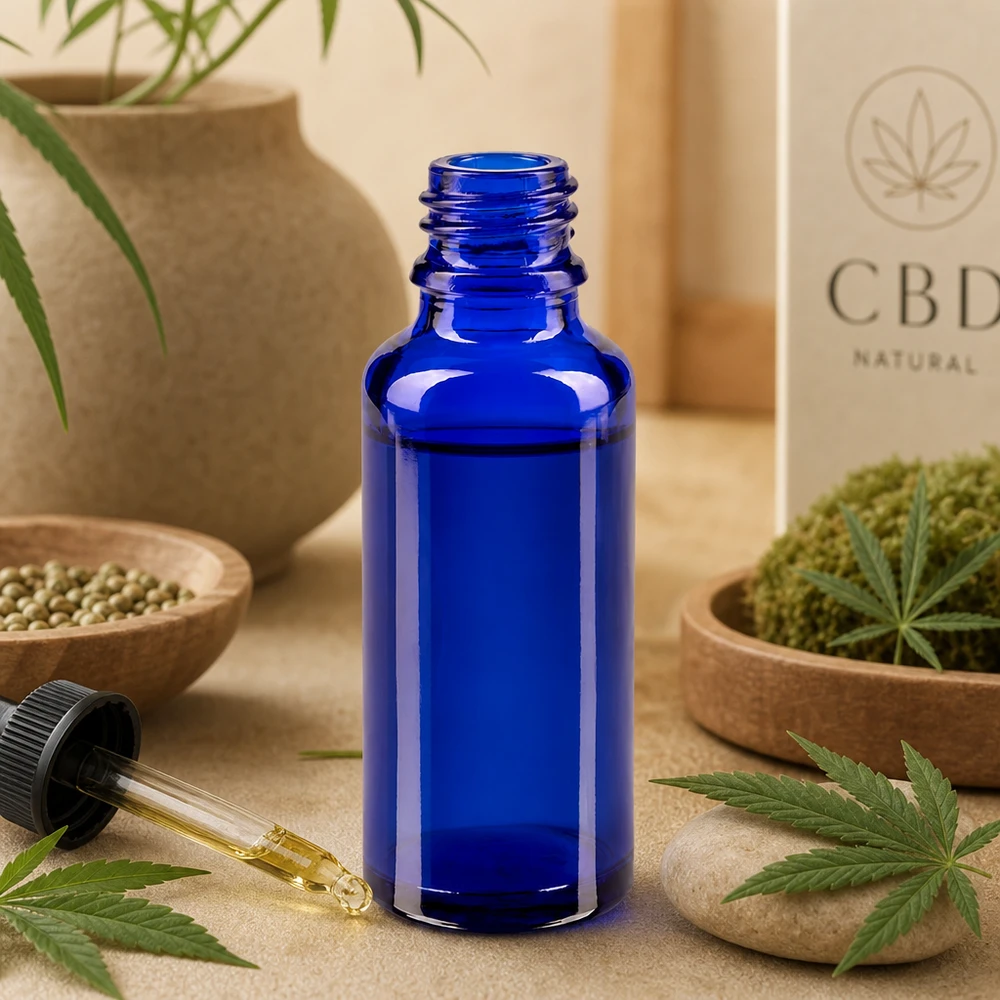 Kleine 30ml Apothekerflsche ApoGlas in Royalblau für präzise Dosierung von Naturextrakten