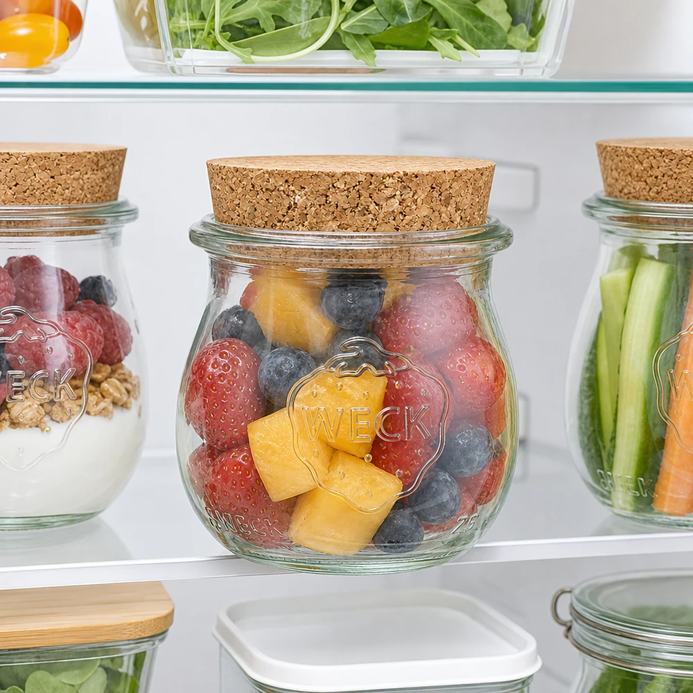 WECK Tulpenglas 75ml RR40 mit Korken im Kühlschrank gefüllt mit frischen Beeren zur Meal Prep Aufbewahrung