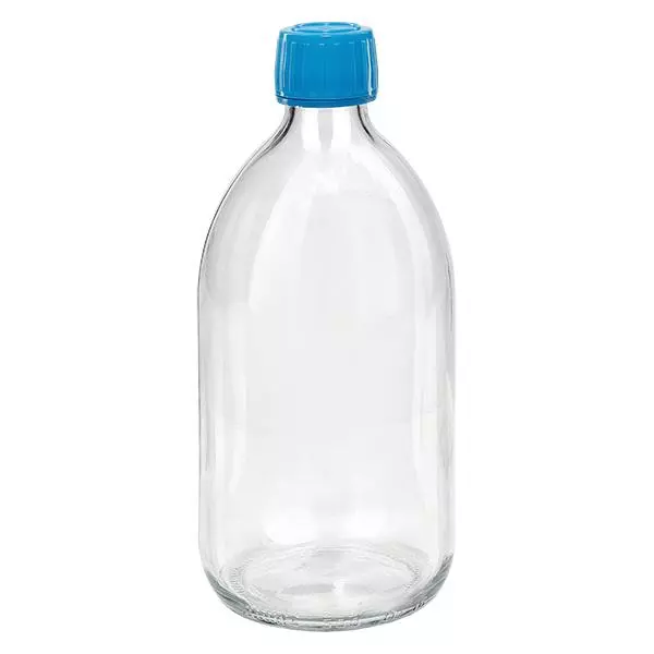500ml lahvička na léky čirá, modrý uzávěr s tamper-evidentním kroužkem ApoGlas 500ml lahvička na léky čirá, modrý uzávěr s tamper-evidentním kroužkem ApoGlas