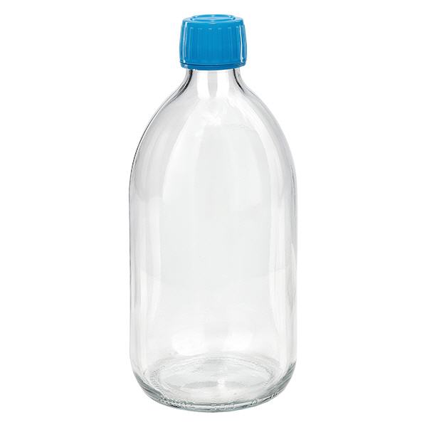 500ml lahvička na léky čirá, modrý uzávěr s tamper-evidentním kroužkem ApoGlas 500ml lahvička na léky čirá, modrý uzávěr s tamper-evidentním kroužkem ApoGlas