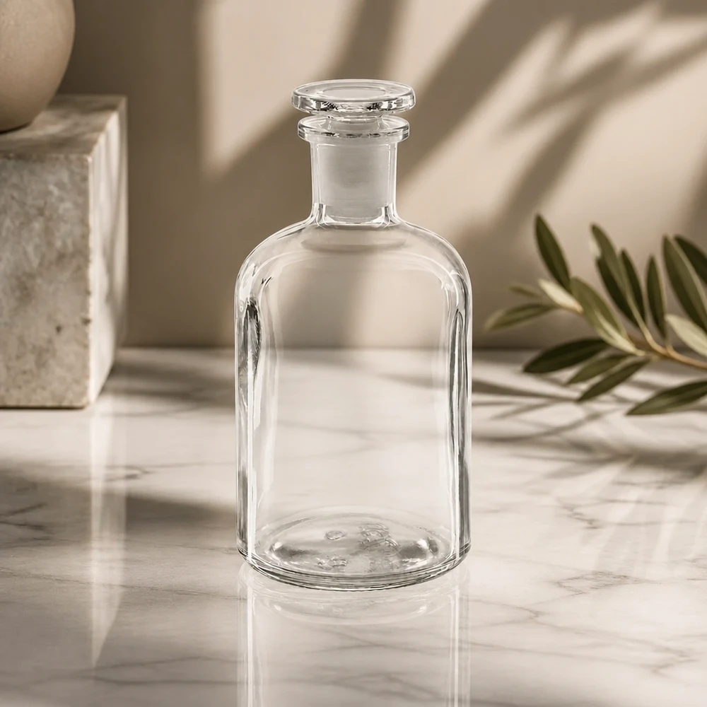 Láhev s kulatým ramenem 250ml čirá skleněná zátka s úzkým hrdlem Dekorative Glasflasche 250ml transparent mit Stopfen für Badezimmer und Küche
