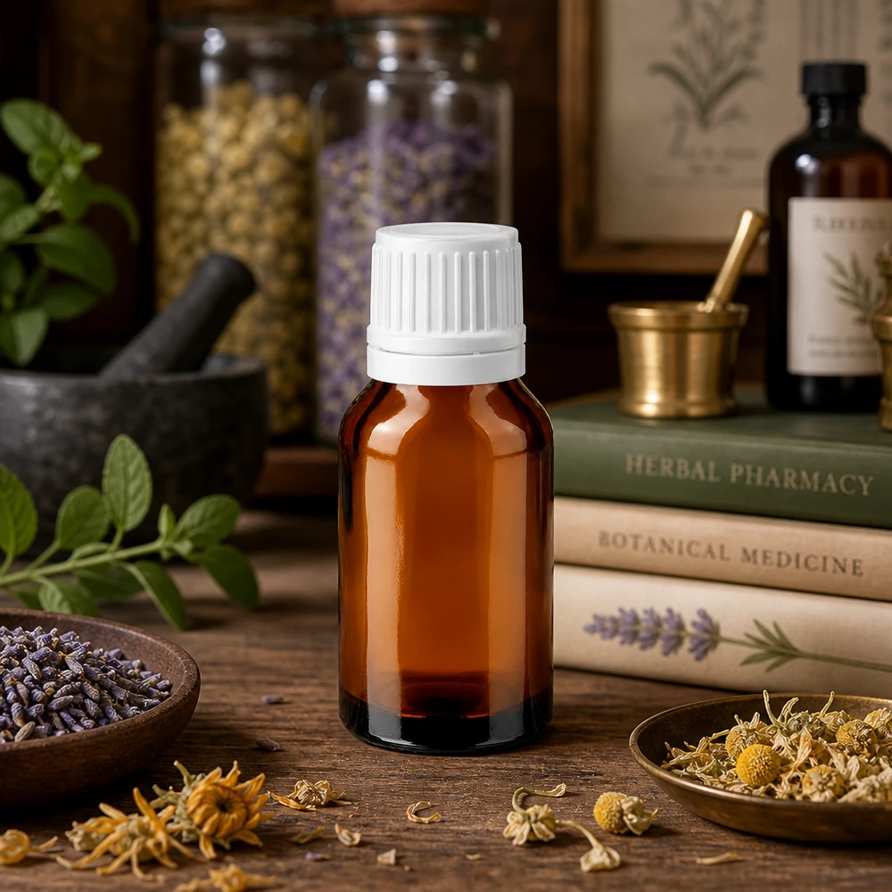 Braune Glasflasche 30ml mit weißem Originalitätsverschluss in rustikaler Apotheken-Atmosphäre