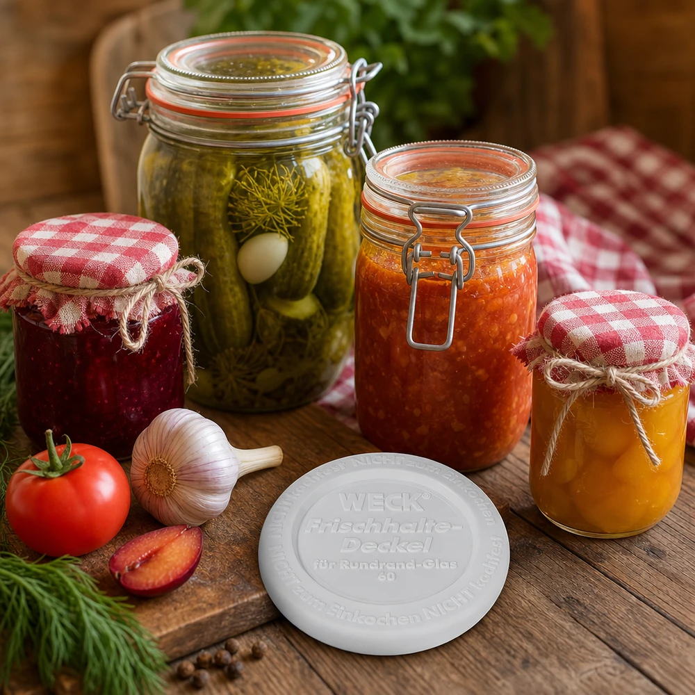 Víko na zavařování WECK RR60 WECK Frischhaltedeckel RR60 Einmachgläser mit hausgemachten Konserven Marmelade Gurken Tomaten rustikale Küche