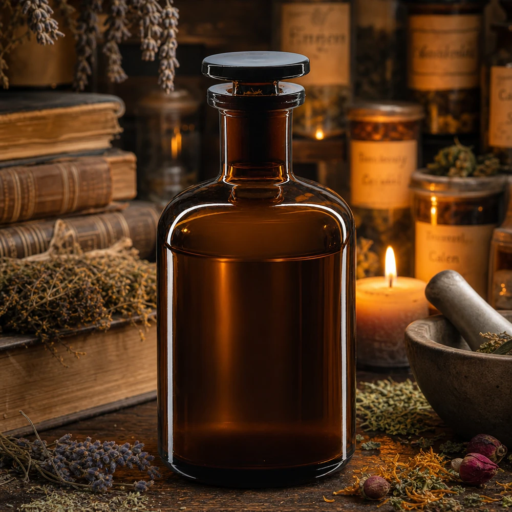 Láhev s kulatým ramenem 100ml hnědá s úzkým hrdlem skleněná zátka Klassische Pharmaflasche 100ml Braunglas Enghals Glasstopfen dichter Verschluss