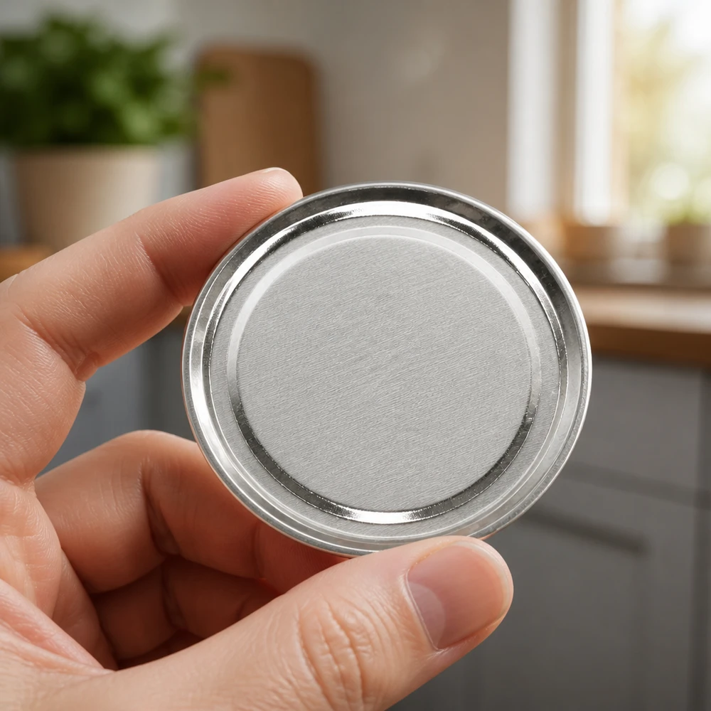 100mm víko BasicSeal stříbrné matné (TO100) UNiTWIST Víko BasicSeal o průměru 100 mm, stříbrné matné, TO100, držené v ruce na pozadí kuchyně