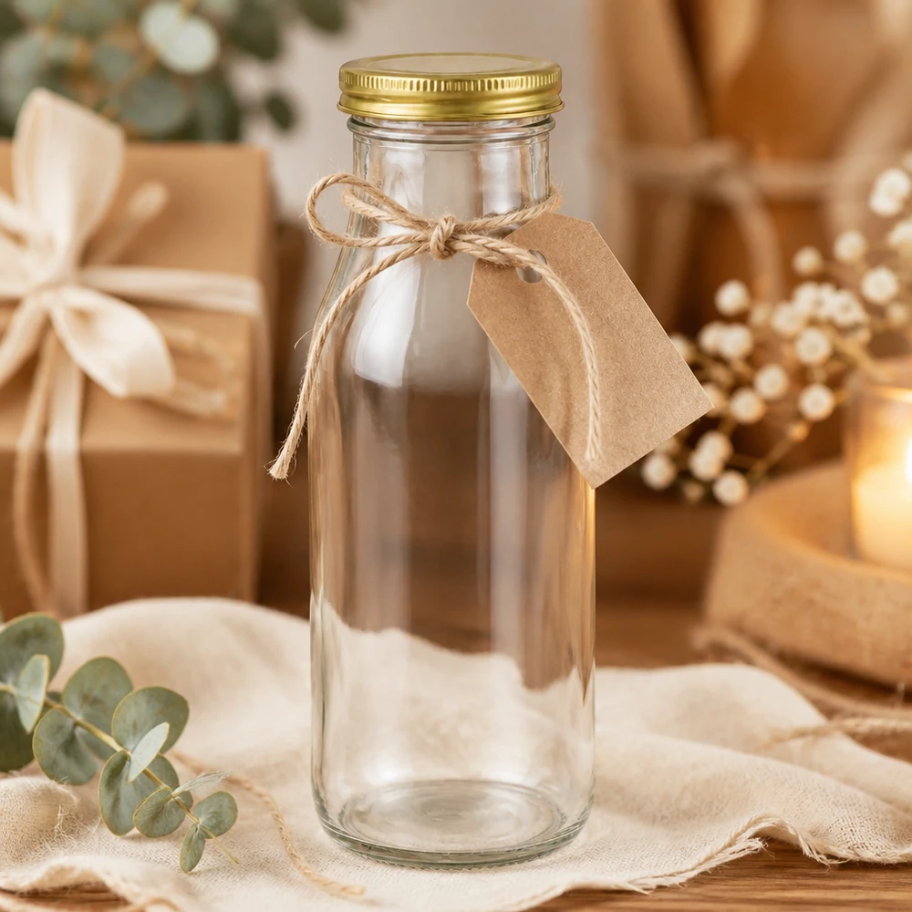 Láhev o objemu 263 ml se zlatým víčkem UNiTWIST BioSeal. UNiTWIST Bottle263 als Geschenkidee mit Bastband und Etikett in festlicher Dekoration mit goldenen TO43 BioSeal Deckel