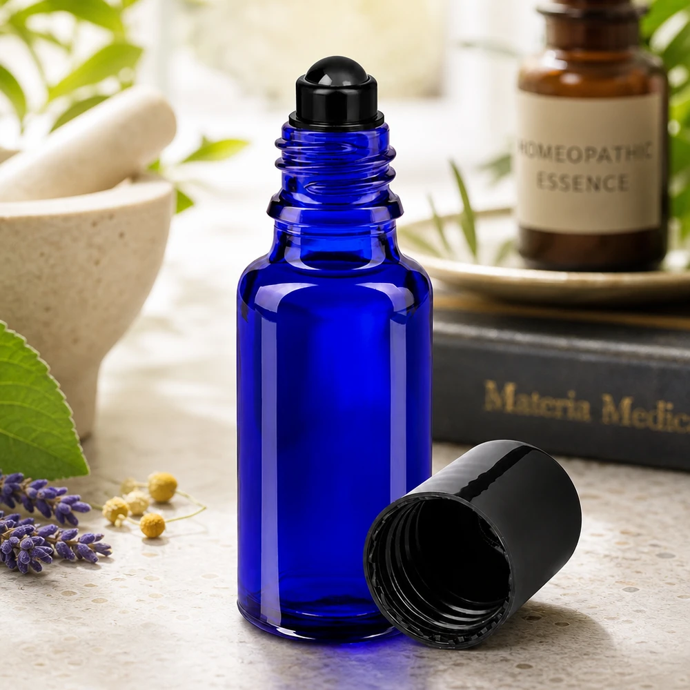 Lékárenská lahvička modrá 20ml roll-on uzávěr černý 20ml blaue Apothekerflasche als Roll-On für Parfum und Naturkosmetik