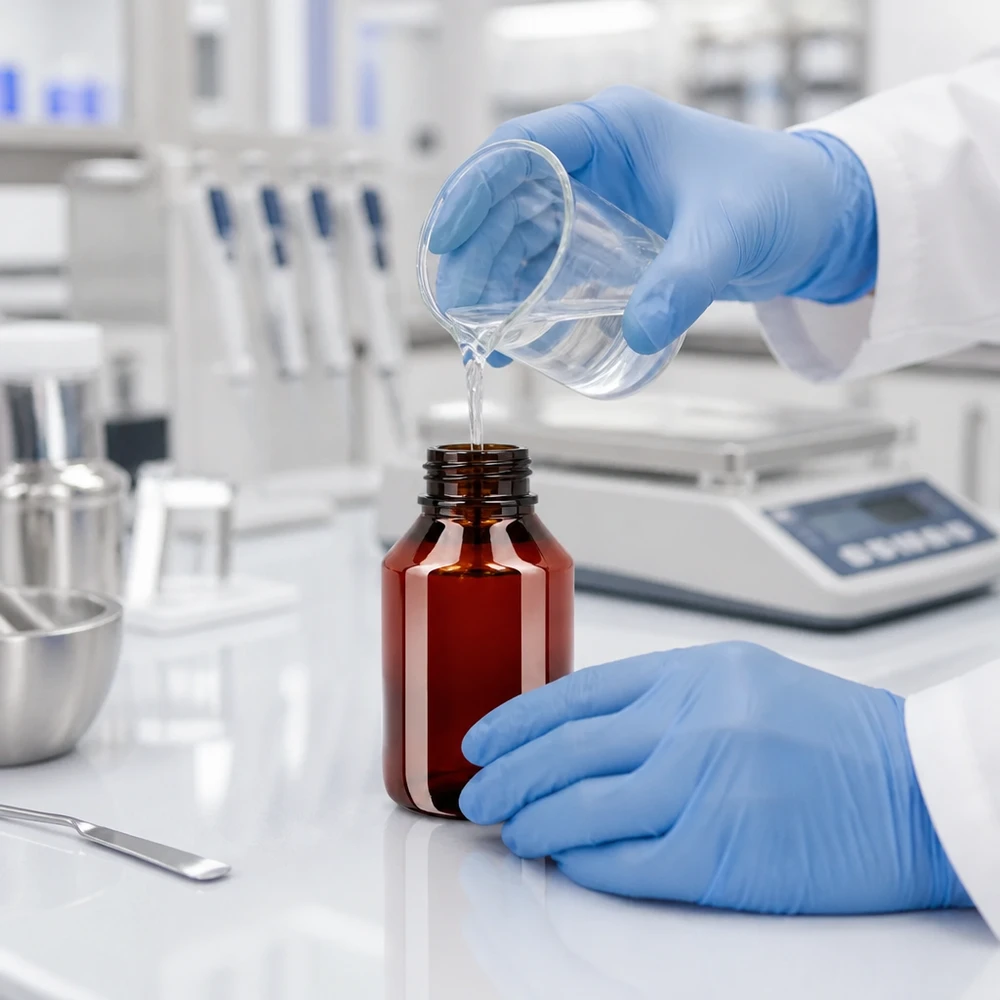 Farmaceutická PET láhev o objemu 50 ml s bezpečnostním uzávěrem pro profesionální plnění v laboratoři