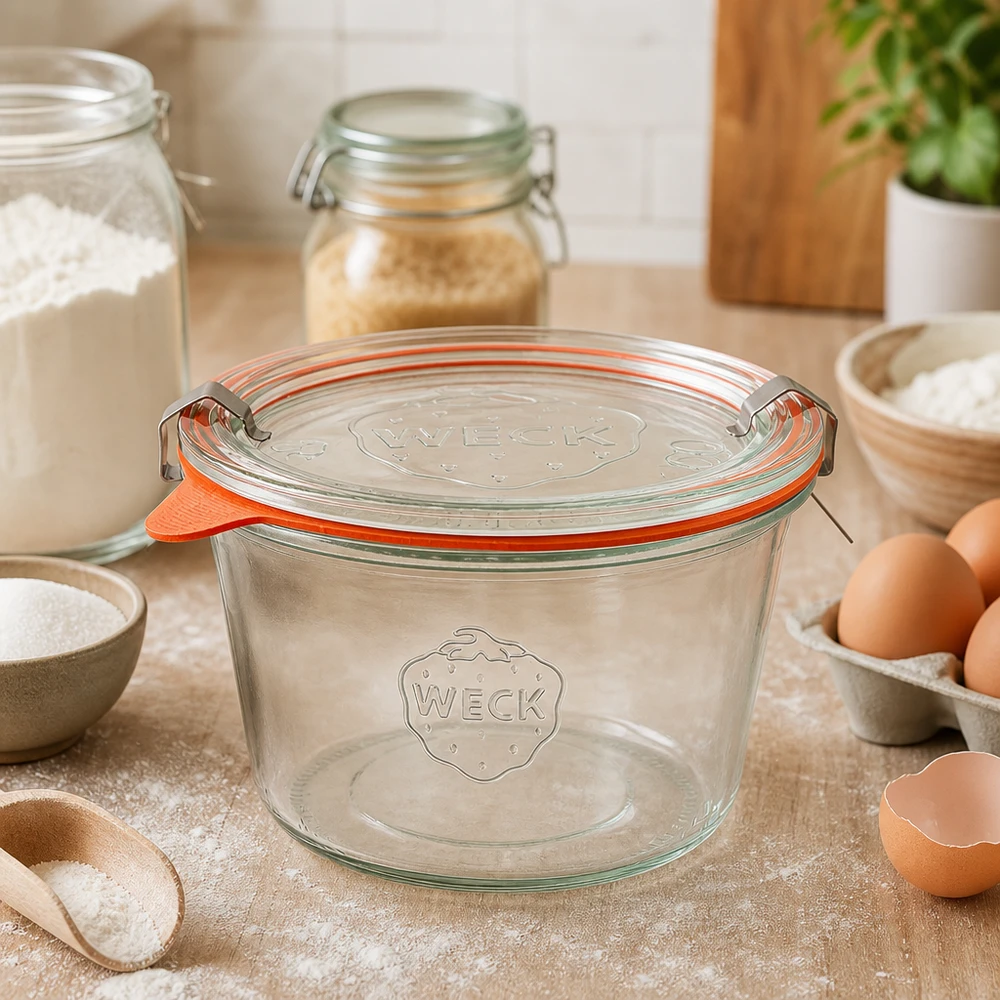Kompletní 370ml sklenice se svěžestí WECK RR100 WECK Sturzglas 370ml RR100 leer auf Küchenarbeitsplatte zwischen Backzutaten zeigt vielseitige Verwendung beim Backen