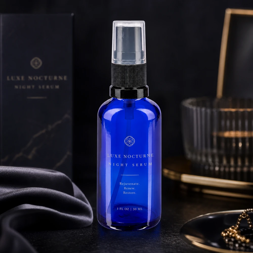 Lékárenská lahvička modrá 50ml s rozprašovacím uzávěrem černá Schlanke kobaltblaue Glasflasche 30ml mit Feinsprüher für Hautpflege Serum