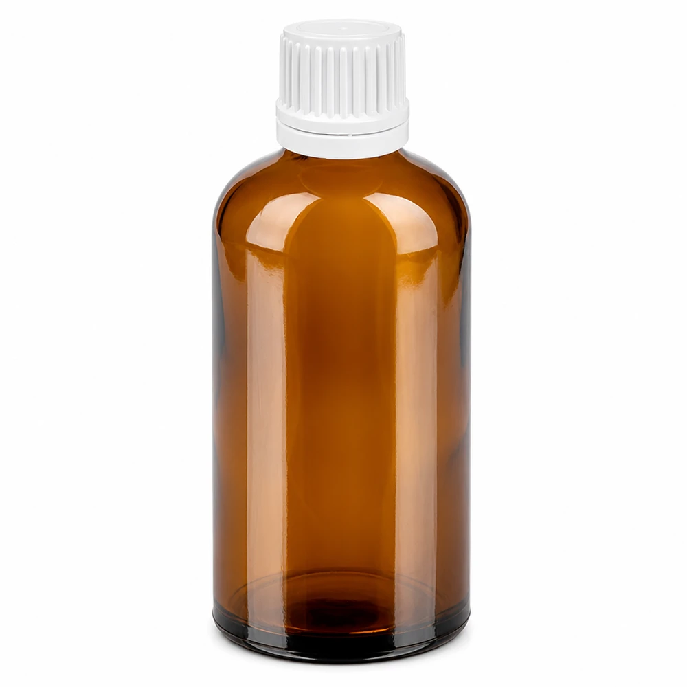 100ml lahvička s kapátkem 0,7mm bílá tamper-evidentní uzávěr BrownLine UT18/100 UV-Schutz Braunglasflasche 100ml mit präzisem Tropfverschluss für pharmazeutische Produkte