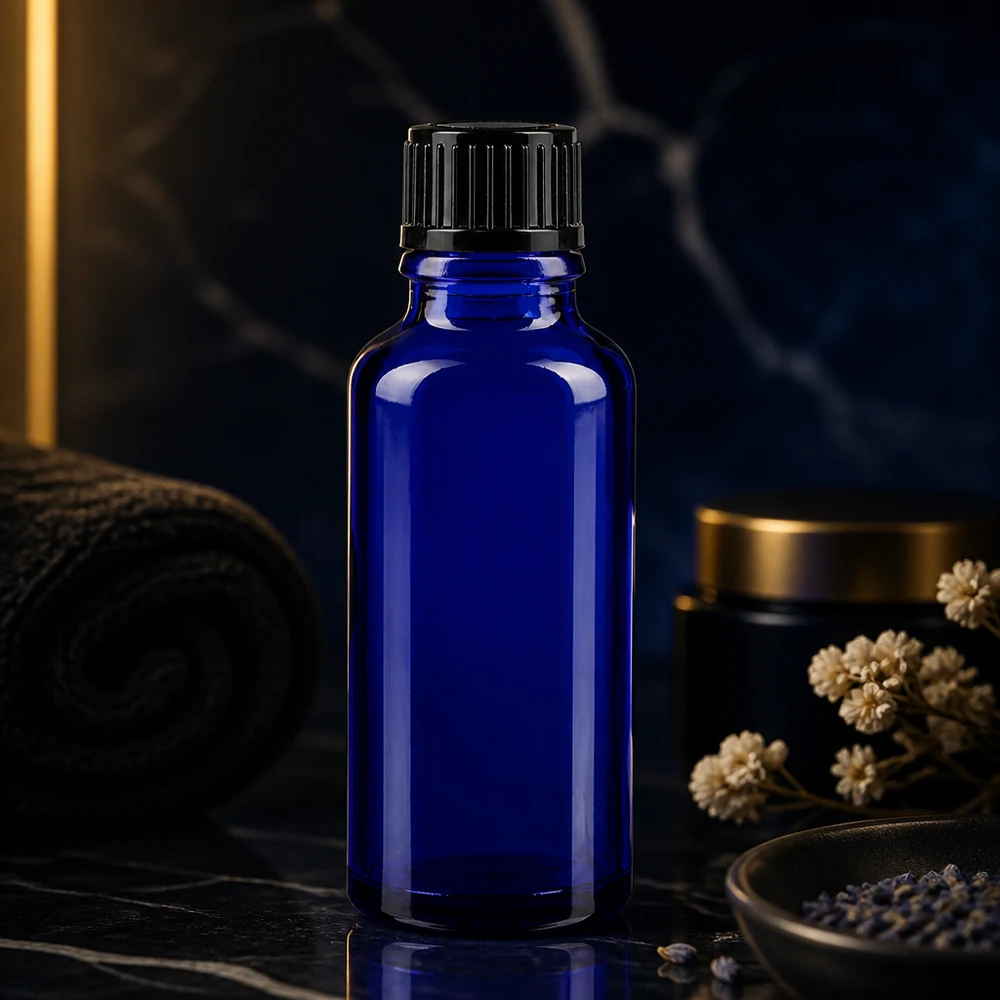 Lékárenská láhev modrá 30ml kapací uzávěr 1mm černý standardní 30ml Flakon aus kobaltblauem Apothekenglas mit schwarzem Rippenverschluss im Spa-Ambiente