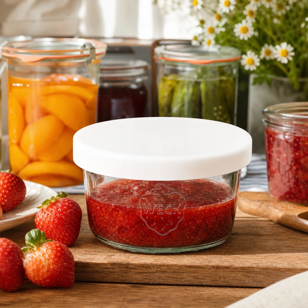 WECK Sturzglas 165ml mit weißem Silikondeckel gefüllt mit Erdbeermarmelade neben frischen Erdbeeren auf Holzbrett