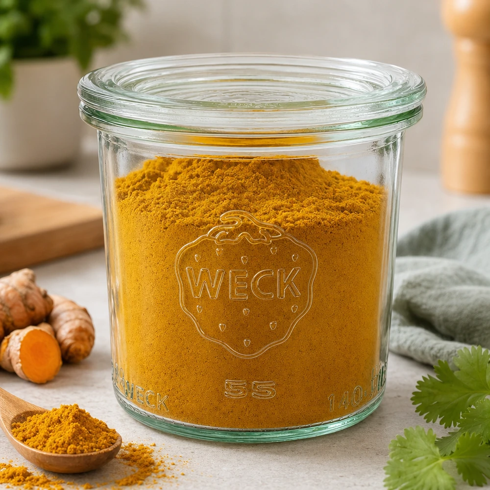 140ml zavařovací sklenice se skleněným víčkem WECK RR60 WECK Sturzglas 140ml RR60 mit Kurkumapulver gefüllt zeigt Verwendung als Gewürzglas neben frischem Kurkuma