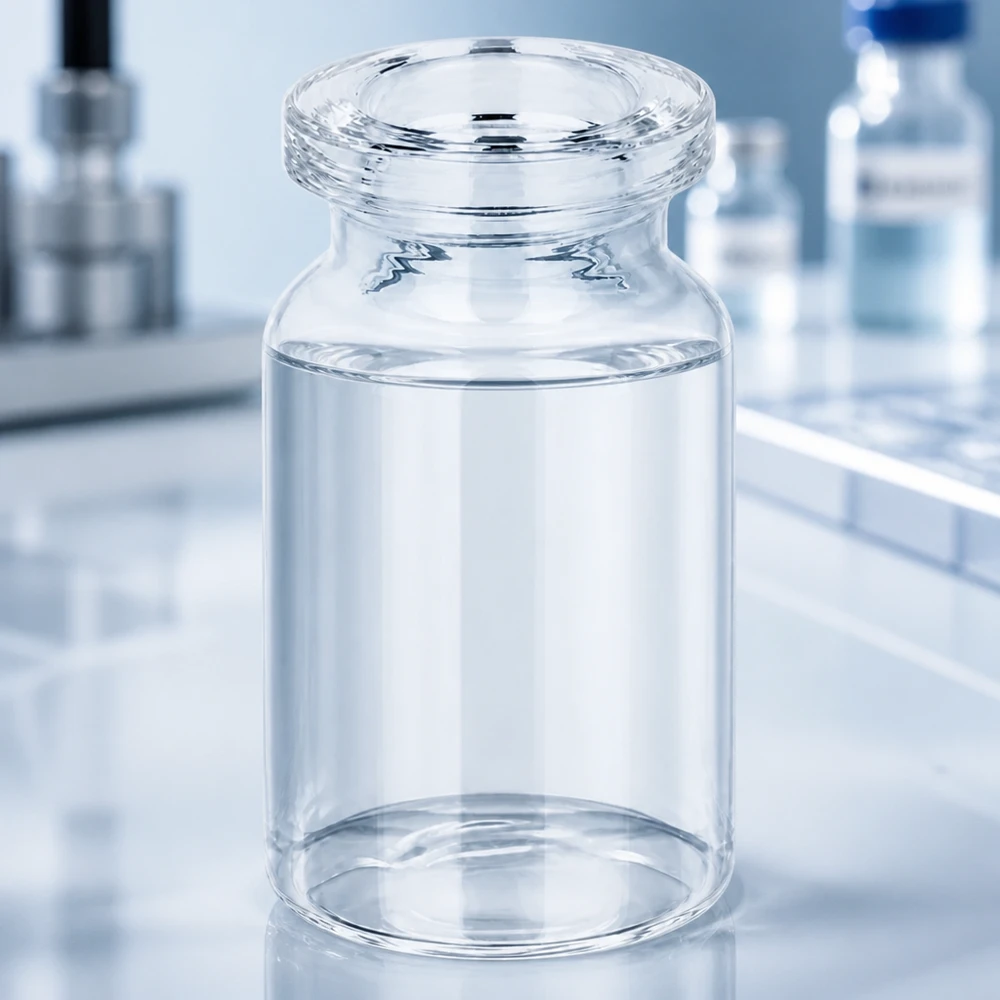 Injekční lahvička z čirého skla 5 ml Kompakte Injektionsflasche Klarglas 5ml in modernem Laborumfeld für flüssige Arzneimittelformulierungen