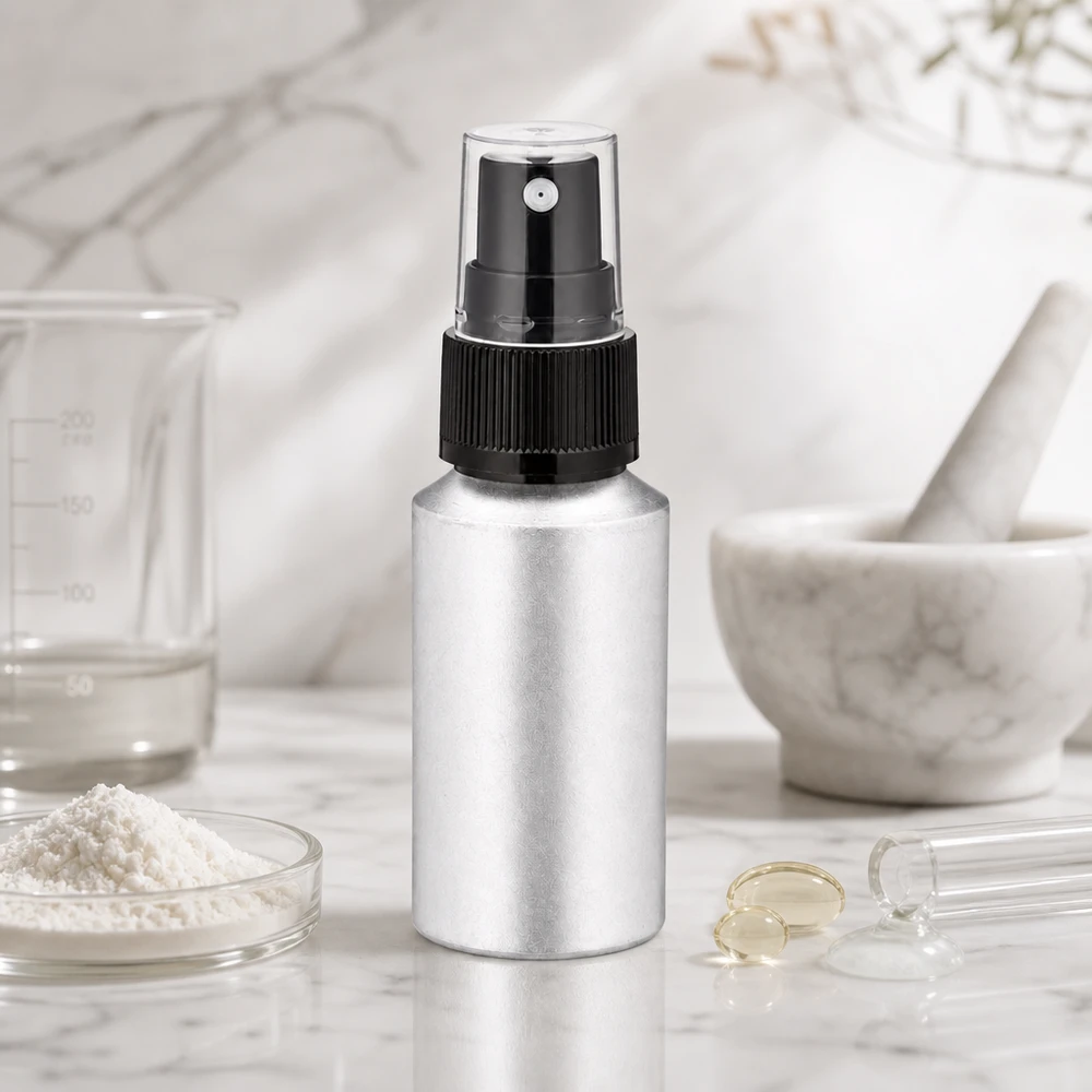 Wiederverwendbare 30ml Aluminiumflasche mit transparentem Sprühkopf für Aromatherapie