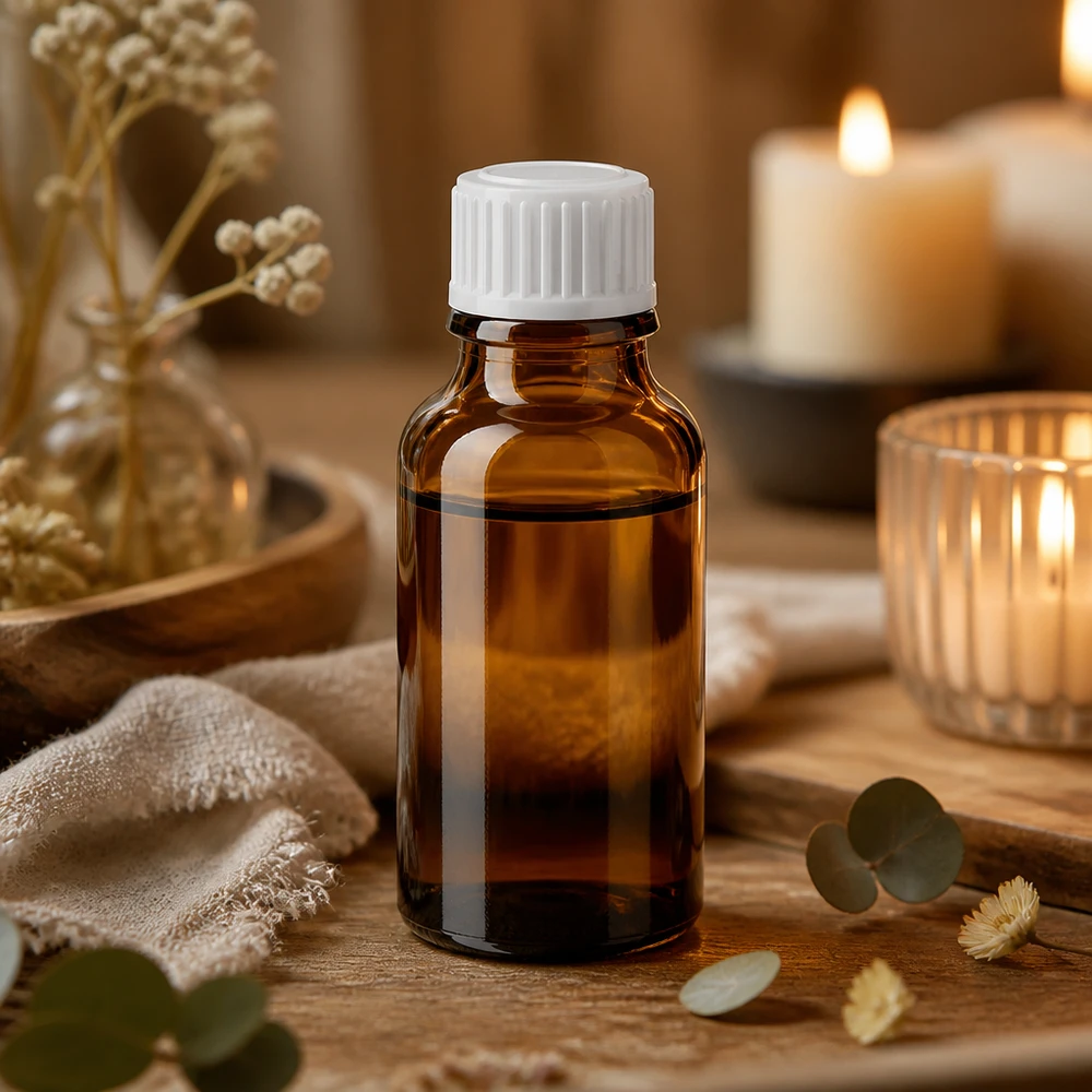 20ml Rundflasche Braunglas mit weißem SV STD auf rustikalem Holztablett zwischen getrockneten Blumen