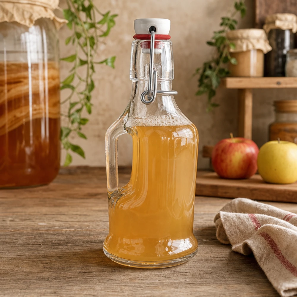 200ml Glasflasche "Bertha" + Porzellan Bügelverschluss UNiTW UNiTW Glasflasche Bertha 200ml mit Apfelsaft gefüllt in rustikaler Küche neben Äpfeln Bügelverschluss Detail