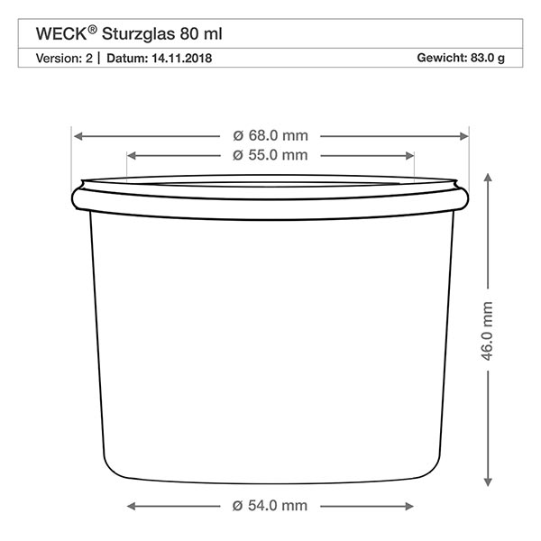 80ml kelímky WECK RR60 s dřevěnou kuličkou buk Technische Zeichnung WECK Sturzglas 80ml RR60 mit Maßangaben und Spezifikationen für Küche und Vorrat