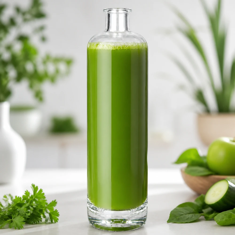 700ml Glasflasche Ella mit grünem Smoothie befüllt in Küche mit frischen Kräutern und Gemüse dekoriert