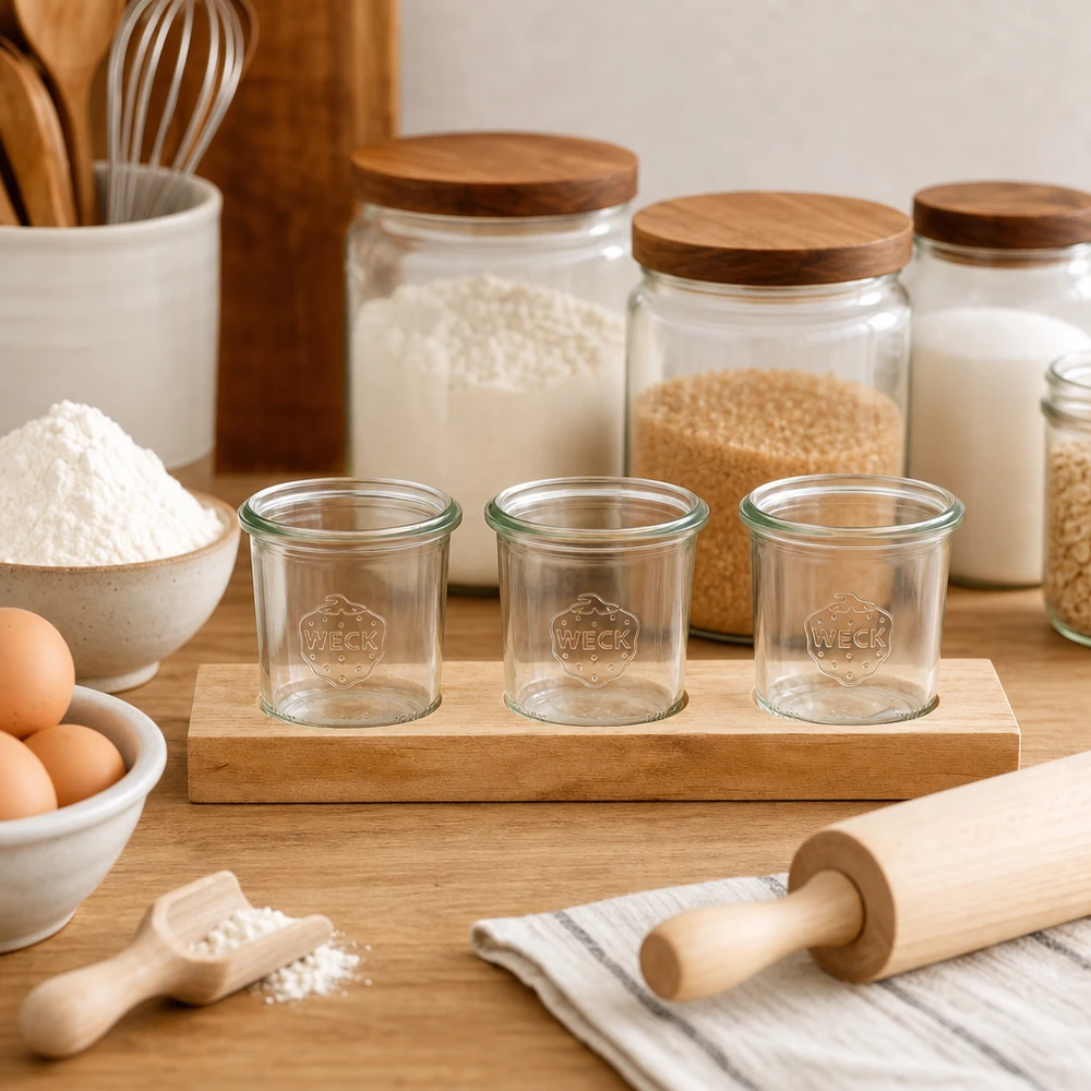 Leere WECK Gläser 140ml auf Holzbrett Plano3 in Küche mit Backzutaten Mehl Eiern und Nudelholz zum Backen