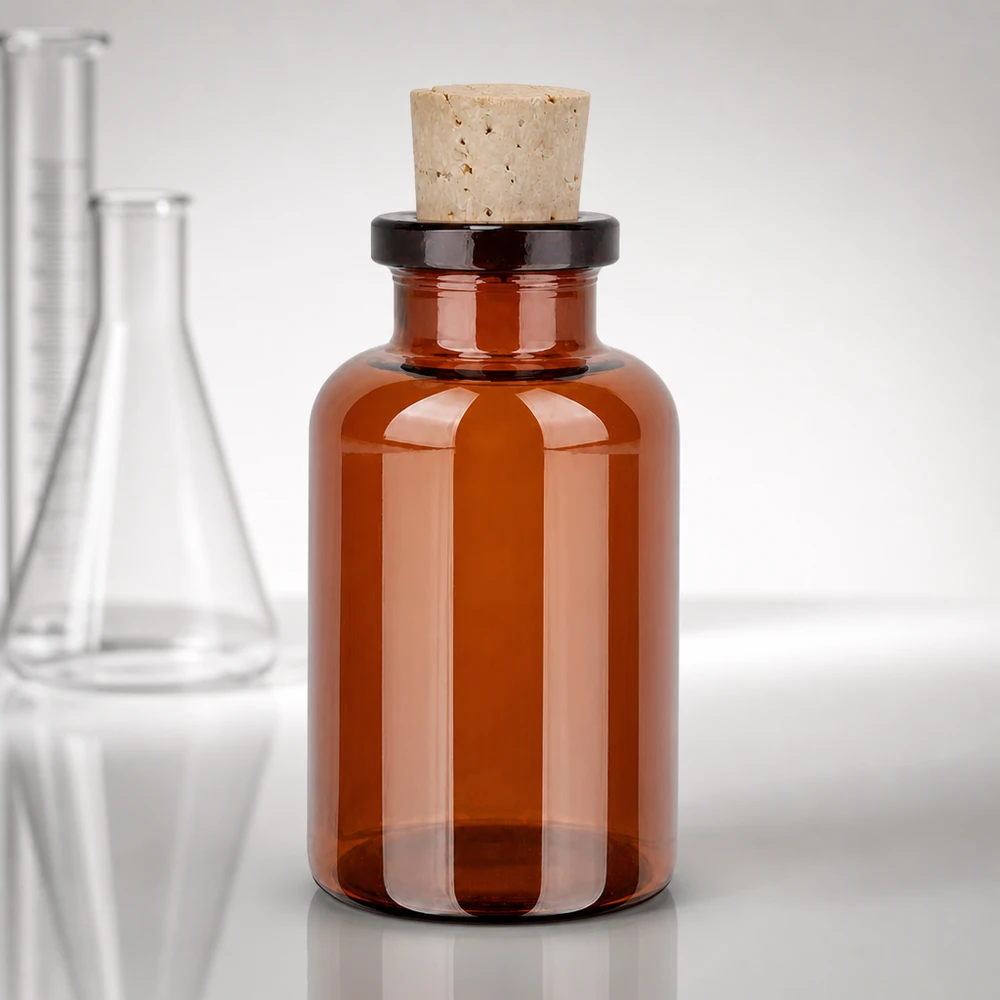Jantarová skleněná láhev 20ml se zátkou 11/14mm Kleine Braunglasflasche zylindrisch 20ml mit Korken für Proben und Reagenzien