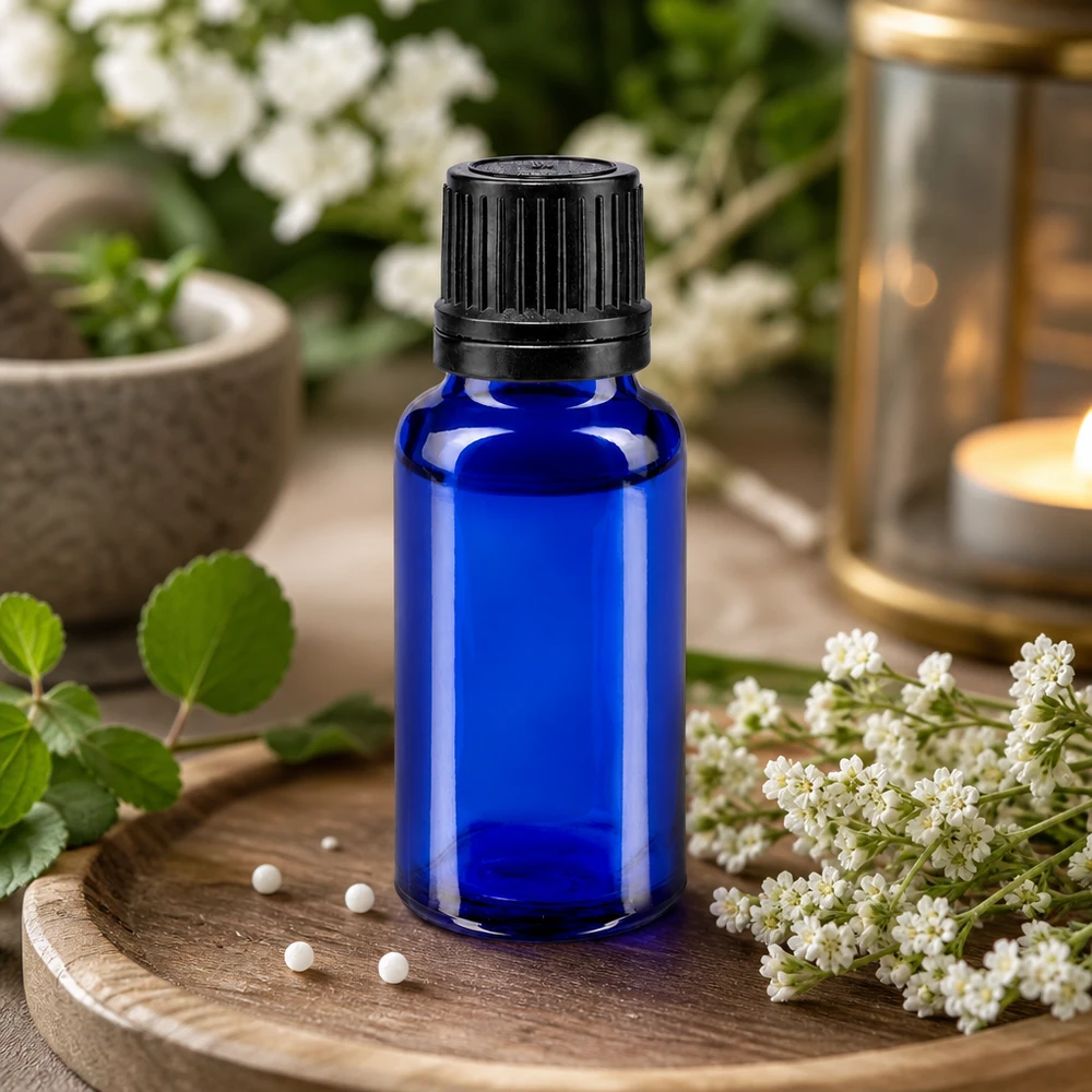 Lékárenská lahvička modrá 20ml kapací uzávěr nalévací kroužek 1mm černý tamper-evidentní uzávěr. Medizinische Tropfflasche 20ml Blauglas mit 1mm Einsatz für ätherische Öle und Tinkturen