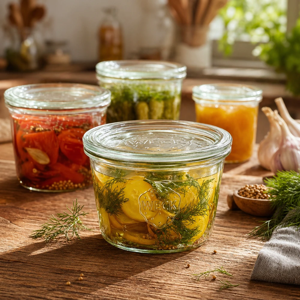 Zavařovací sklenice 370ml se skleněným víčkem WECK RR100 WECK Sturzglas 370ml RR100 gefüllt mit eingelegten Gurken und Dill neben weiteren Einmachgläsern auf Holztisch