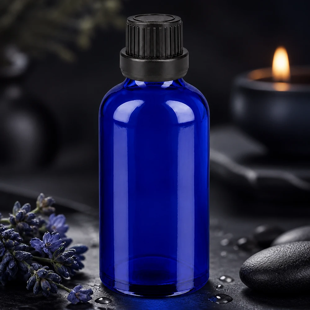 50ml láhev 11mm šroubovací uzávěr černý BlueLine UT18/50. Medizinflasche 50ml aus kobaltblauem Glas mit kindersicherem Verschluss für Tinkturen