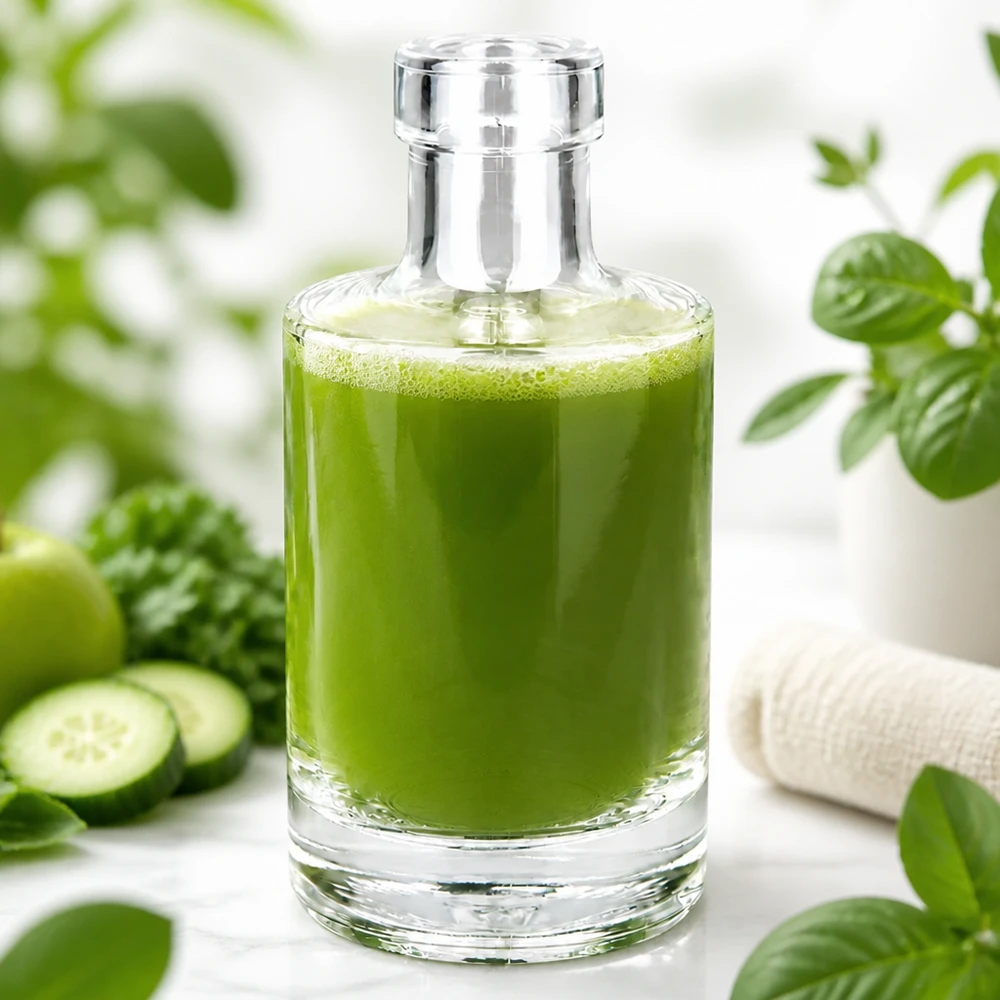 200ml Glasflasche Marie mit grünem Smoothie befüllt umgeben von Gurken und Pflanzen gesunde Ernährung Lifestyle