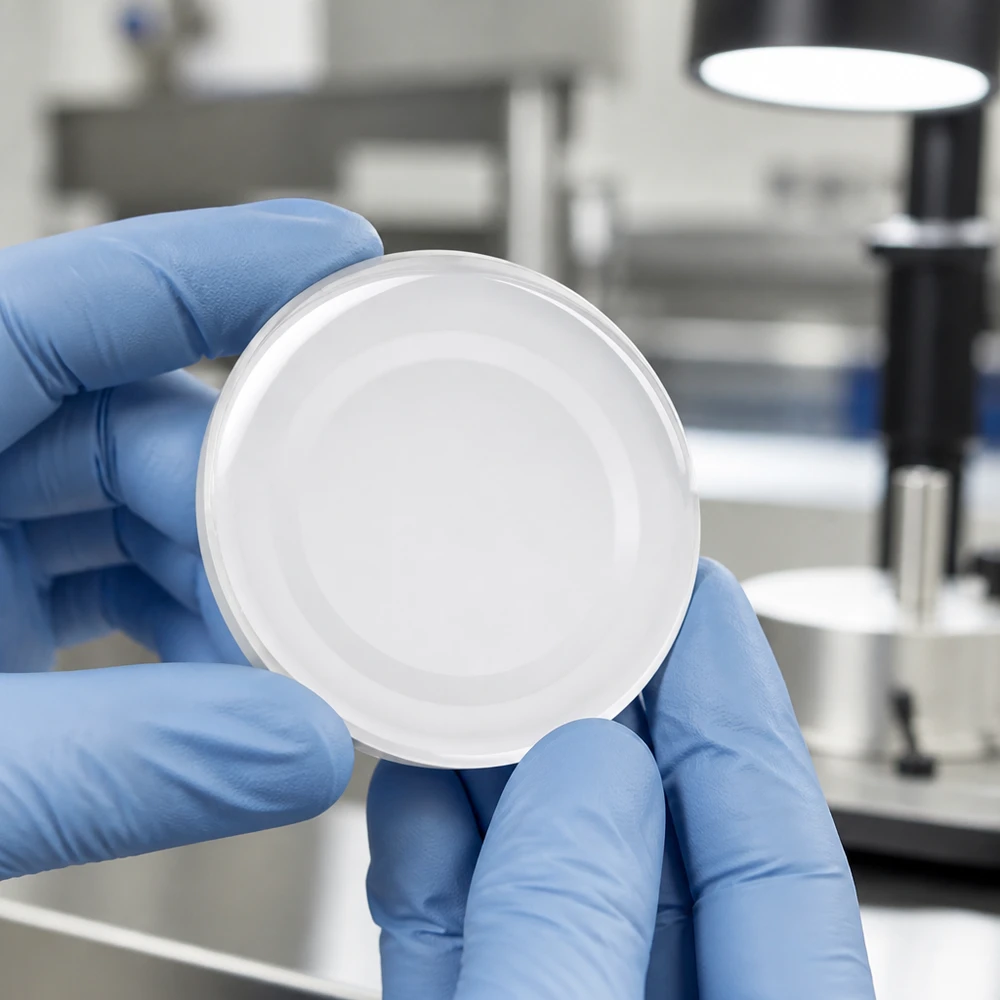 43mm víko BasicSeal bílé (TO43) UNiTWIST Detailní záběr bílého šroubovacího uzávěru TO43 o průměru 43 mm BasicSeal UniTwist v laboratorních rukavicích