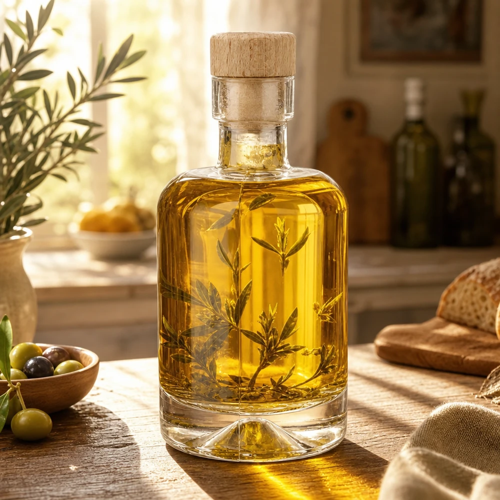 50ml Glasflasche Amelie mit Olivenöl und Kräutern gefüllt in mediterraner Küche mit Oliven und Brot inszeniert