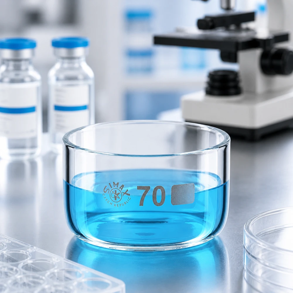 100ml krystalizační miska bez výlevky borosilikátová ø70mm Simax Laborglasware 100ml Kristallisierschale tschechische Qualität mit blauer Indikatorlösung gefüllt