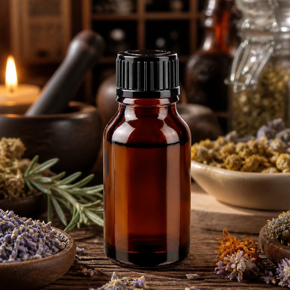 Lékárenská lahvička hnědá 15ml šroubovací uzávěr černý standard. UV-Schutzflasche Braunglas 15ml schwarzer Verschluss neben Kräuterschalen und Kerze