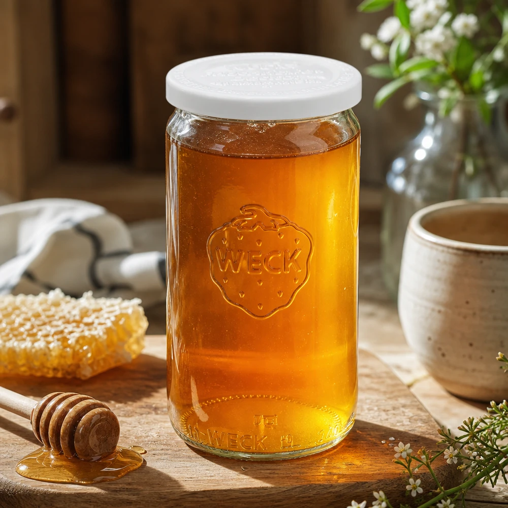 340ml válcová sklenice se skleněným víčkem WECK RR60 pro zachování čerstvosti. WECK 340ml Zylinderglas mit Honig gefüllt und weißem Frischedeckel RR60 auf Holztisch mit Honiglöffel