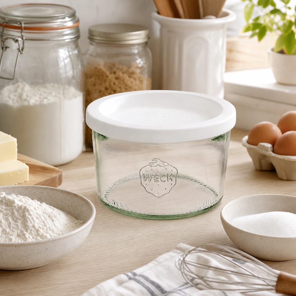 200ml skleněná nádoba s víčkem WECK RR80 WECK Sturzglas 200ml RR80 in ästhetischer Küche mit Backzutaten Mehl Eiern und Vorratsgläsern zum Backen