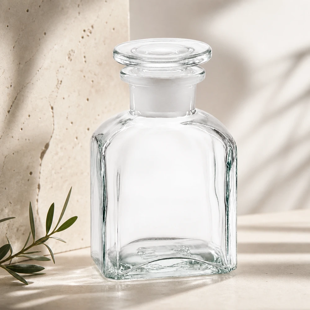 Čtvercová láhev 150ml čirá skleněná zátka se širokým hrdlem Glasflasche 150ml Vierkantform Weithals mit Stopfen für Kosmetik und Naturprodukte geeignet