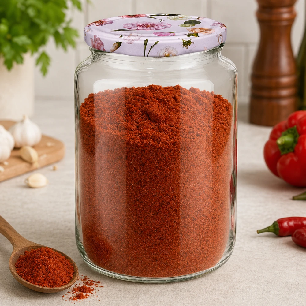 795ml kulatá sklenice + víčko BasicSeal flower pink UNiTWIST 795ml Rundglas gefüllt mit rotem Paprikapulver BasicSeal Deckel rosa Blumenmuster Gewürz Vorratsdose Küche