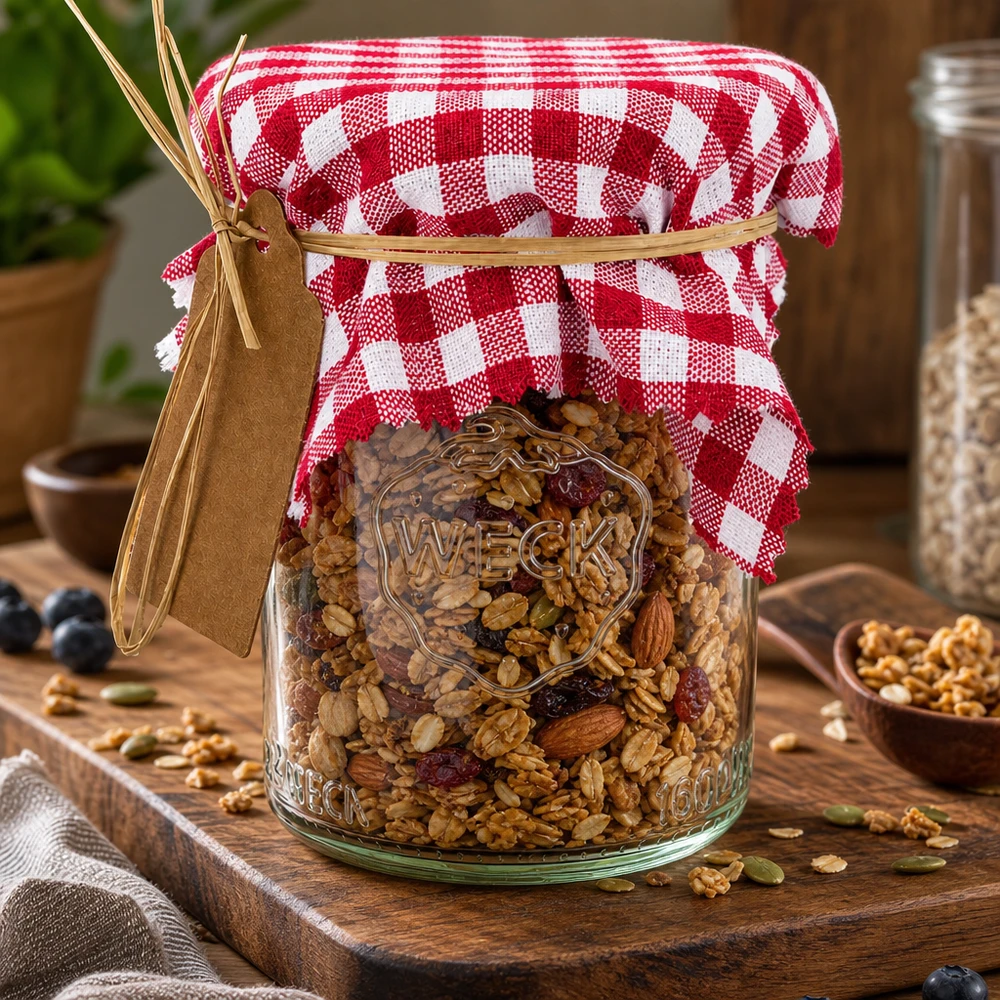 Látkový kryt na šperky bordó kostkovaný 12cm čtvercový Bordeaux-kariertes Schmuckdeckchen 12cm auf Weckglas mit Müsli-Mix als dekorative Geschenkverpackung