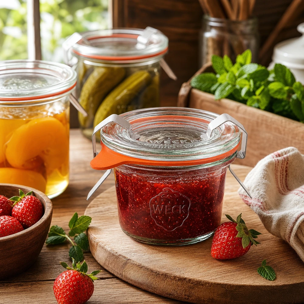 WECK Sturzglas 35ml RR40 in Küche mit Marmelade gefüllt neben frischen Erdbeeren und anderen Einmachgläsern