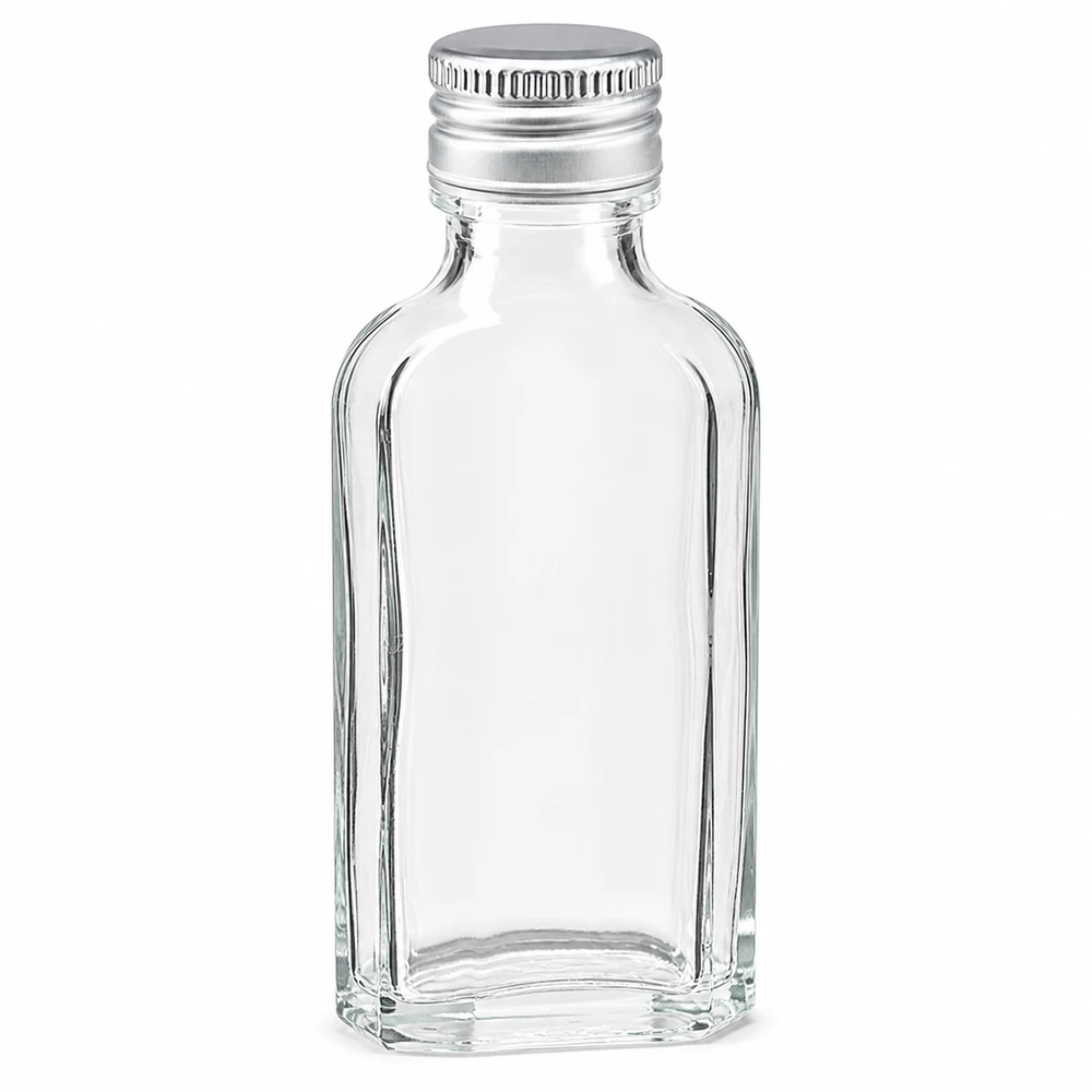 Leere 50ml Glasflasche Meplat mit silbernem Aludeckel PP22 für Proben und Gastgeschenke