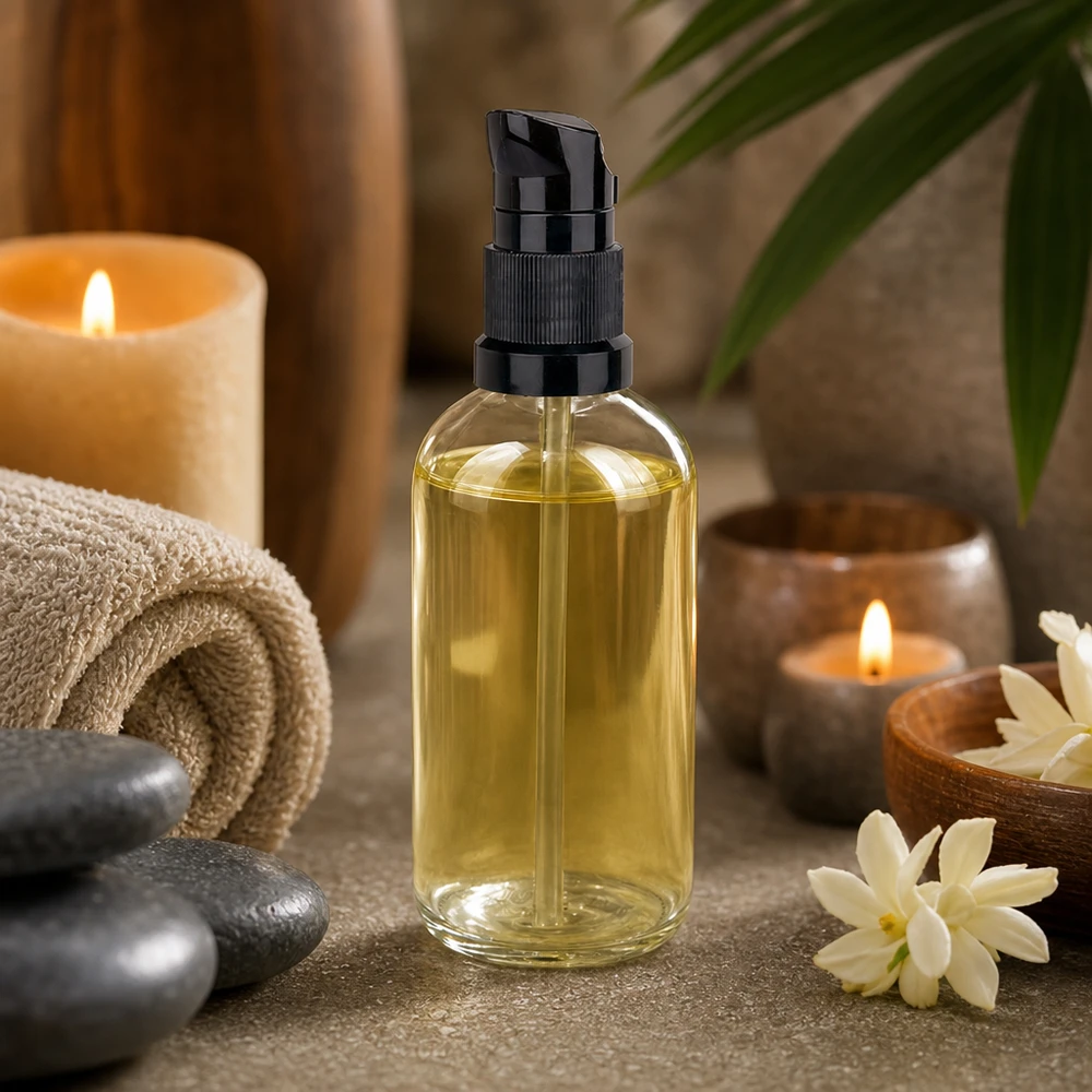 Apothekerflasche 100ml Klarglas schwarzer Pumpaufsatz Pflegeöl Wellness Kerzenlicht Natur