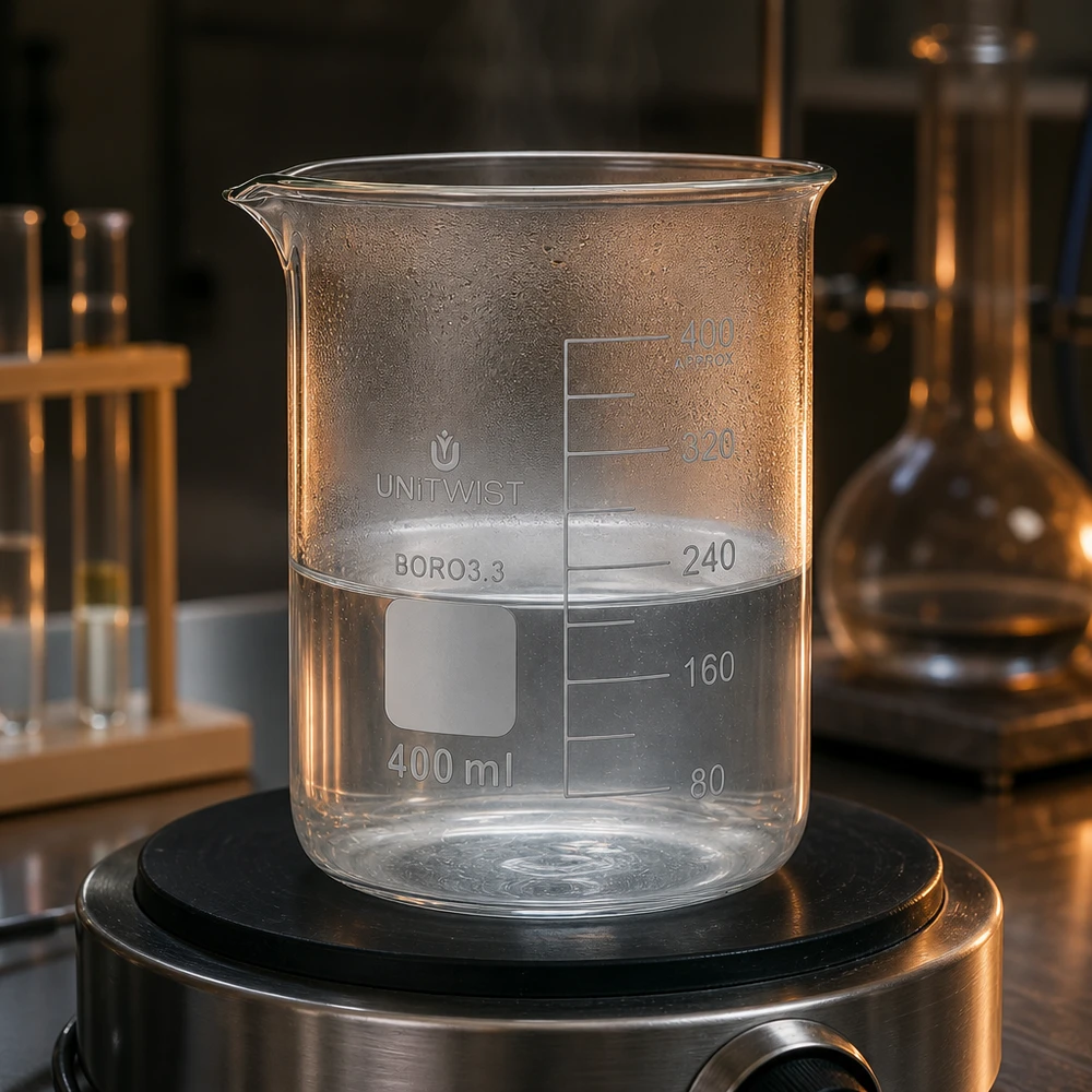 Kádinka 400 ml borosilikátová, nízká forma UNiTWIST UNiTWIST Becherglas 400ml Niedrigform mit Reagenzglasständer und Erlenmeyerkolben im Hintergrund