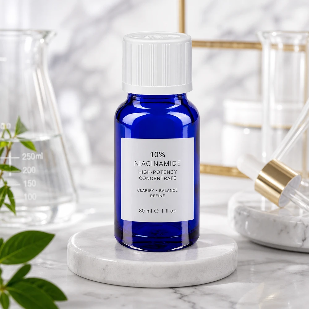 Lékárenská lahvička modrá 10ml kapátko bílý uzávěr odolný proti otevření dětmi standard. 10ml blaue Dropper-Flasche aus Apothekerglas mit weißem KiSi-Deckel und goldfarbener Pipette daneben