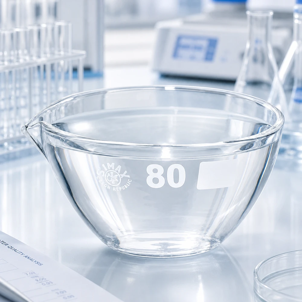Odpařovací miska 90ml s výlevkou borosilikátová ø80mm Ergonomische Abdampfschale 90ml Borosilikat mit praktischem Ausguss für komfortable Handhabung
