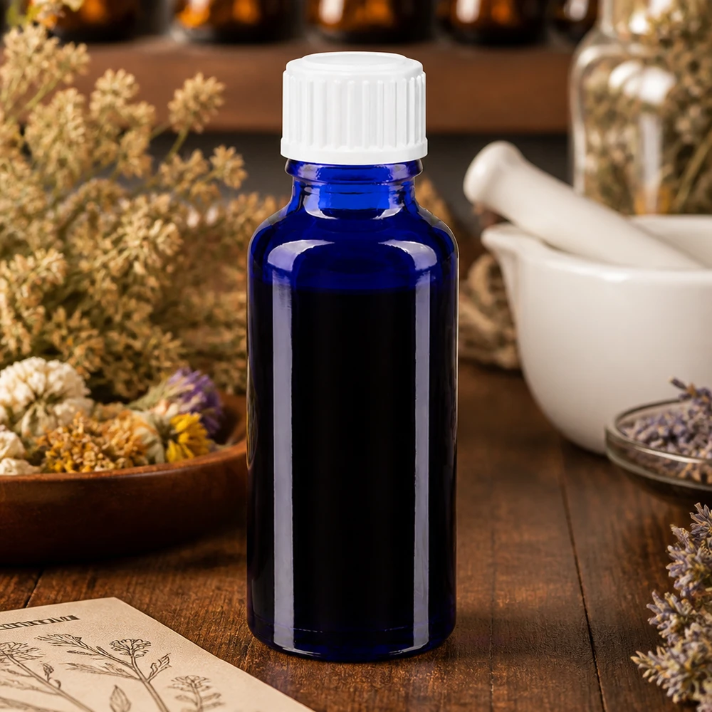 Pharmazeutische Kobaltglasflasche 30ml mit weißem Standardverschluss für ätherische Öle und Tinkturen