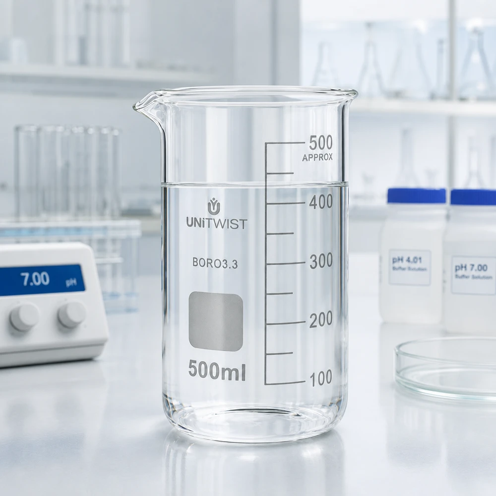 Kádinka 500 ml borosilikátová, vysoká forma UNiTWIST Becherglas 500ml hohe Form mit klarem Inhalt neben Petrischale und Reagenzgläsern