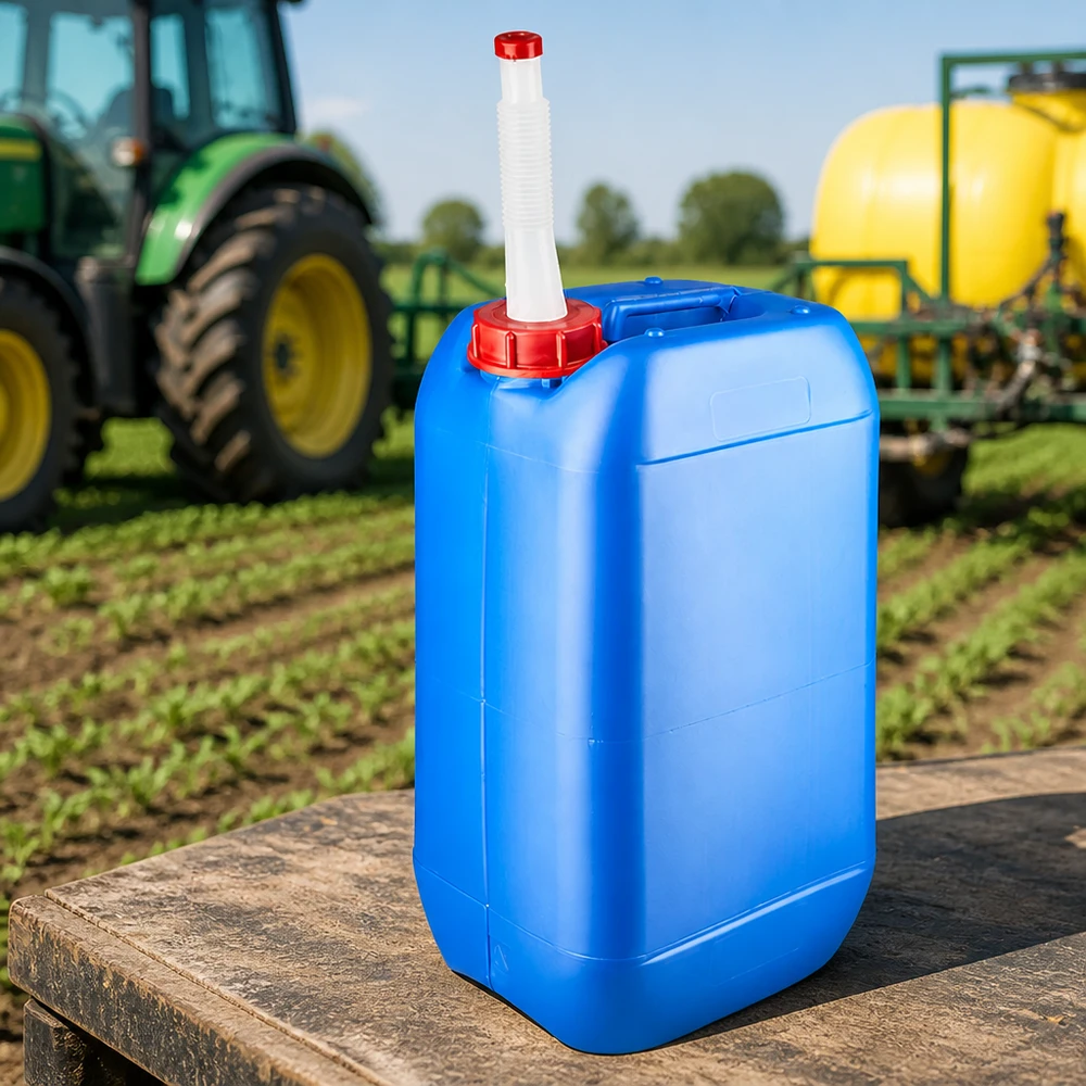 Kanystr 15 litrů modrý s výpustným potrubím Flex Kanister 15 Liter mit UN-Zulassung blau und flexiblem Schlauchaufsatz auf Holzuntergrund
